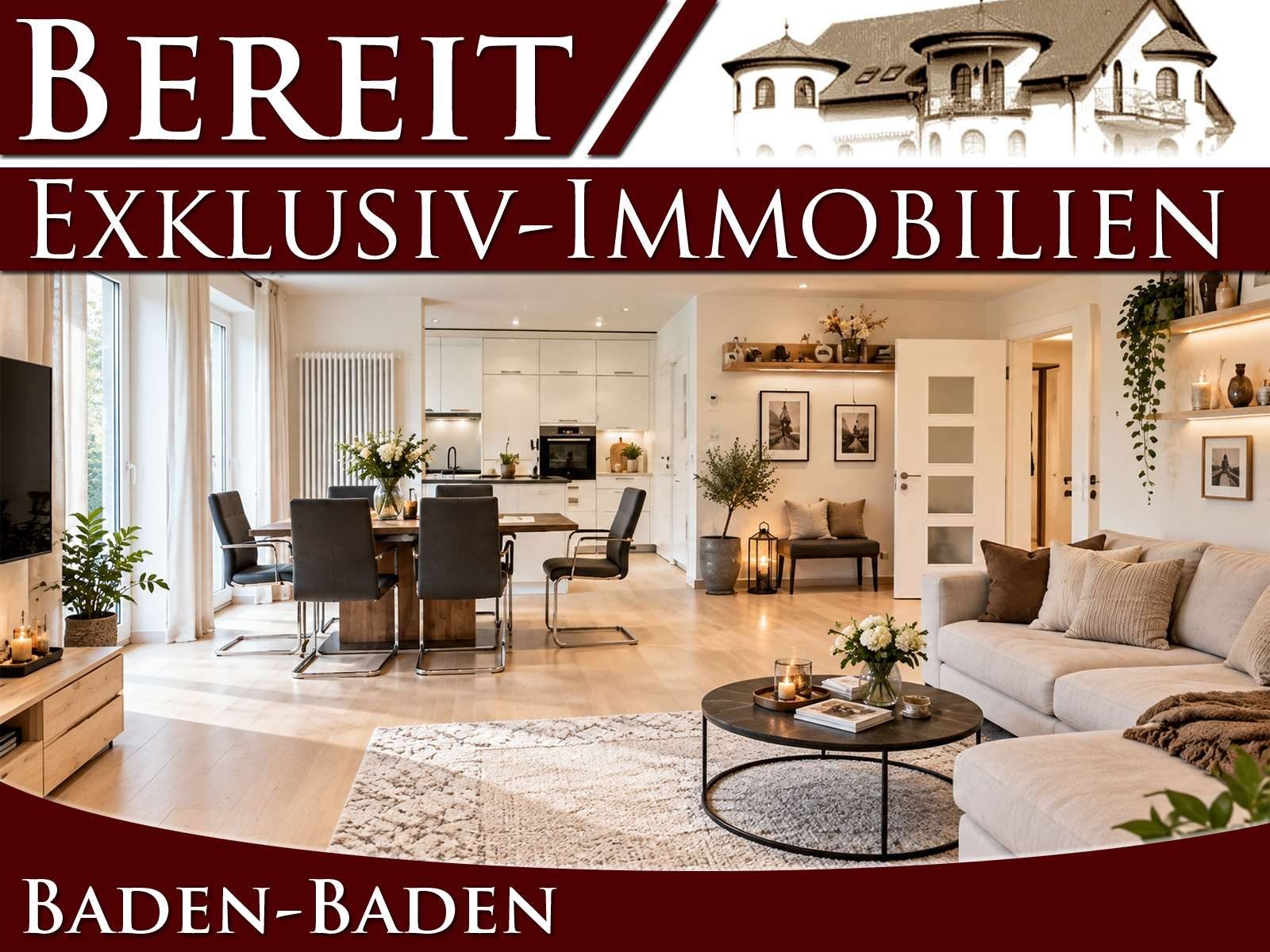 3-Zimmer-ETW mit Terrasse, Gartenanteil und TG-Stellplatz — Wohnbereich (Möblierung KI-Generiert)