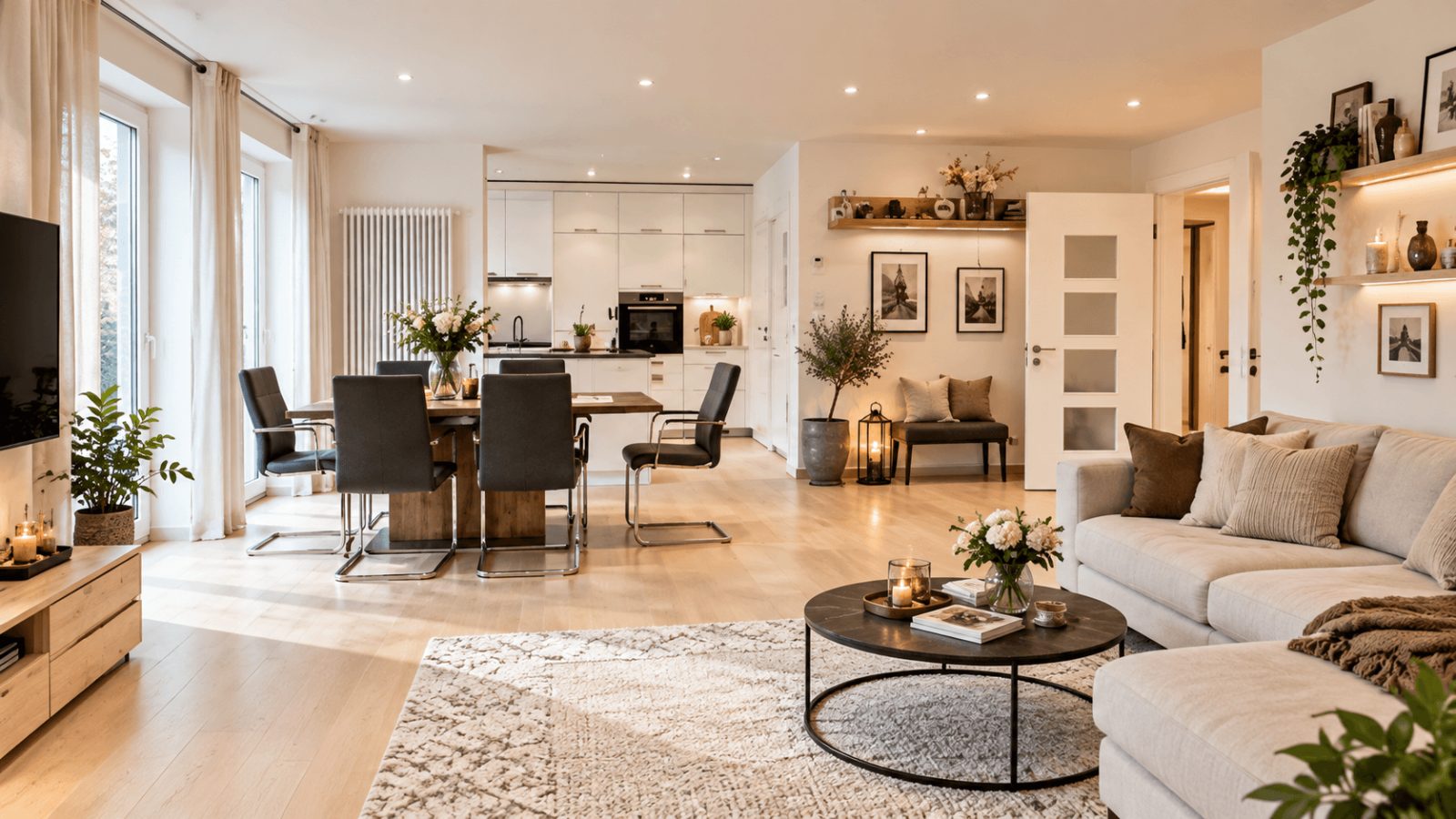 3-Zimmer-ETW mit Terrasse, Gartenanteil und TG-Stellplatz — Wohnbereich (Möblierung KI-Generiert)