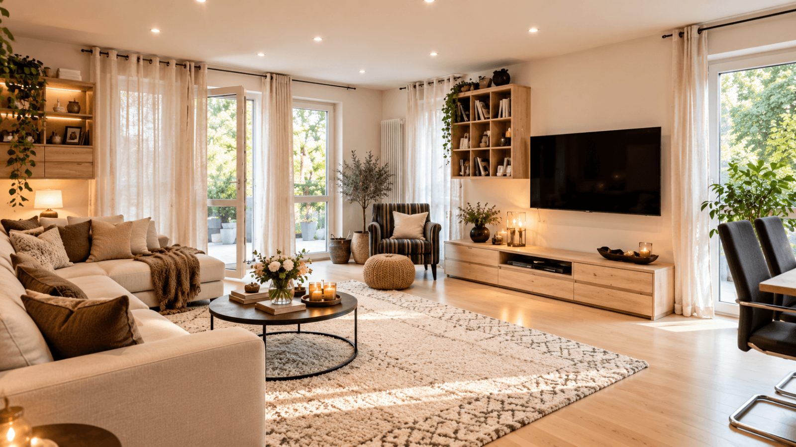 3-Zimmer-ETW mit Terrasse, Gartenanteil und TG-Stellplatz — Wohnbereich (Möblierung KI-Generiert)