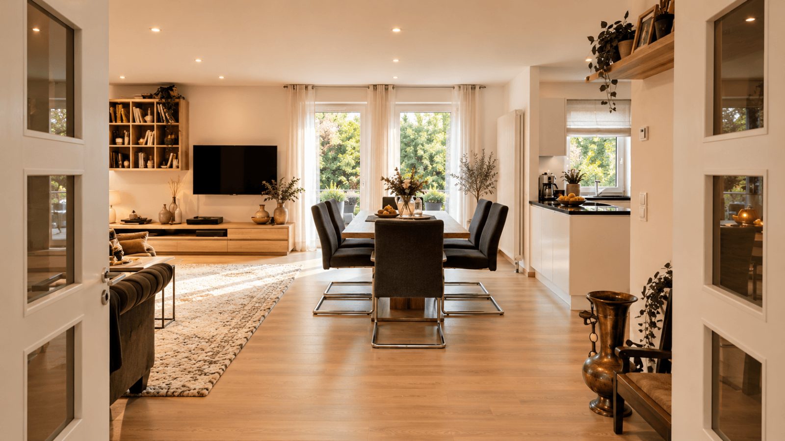 3-Zimmer-ETW mit Terrasse, Gartenanteil und TG-Stellplatz — Essbereich (Möblierung KI-Generiert)